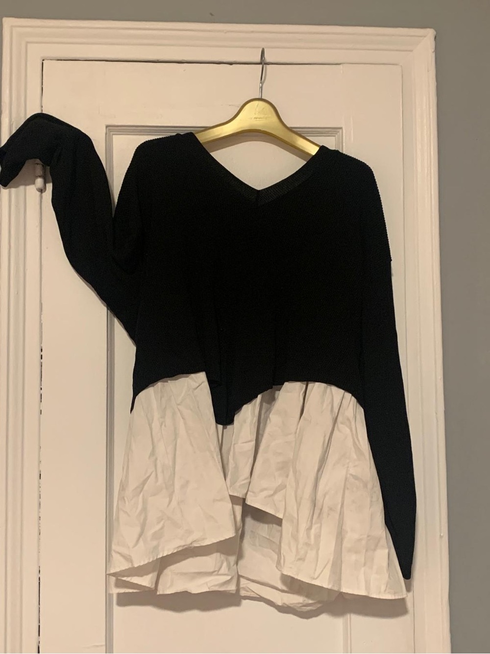 Black V-Neck Layered Hem Sweater with White Tier